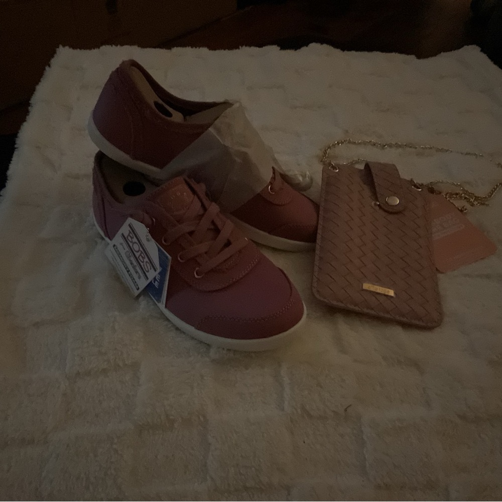 Pink Sneakers and Woven Chain Wallet